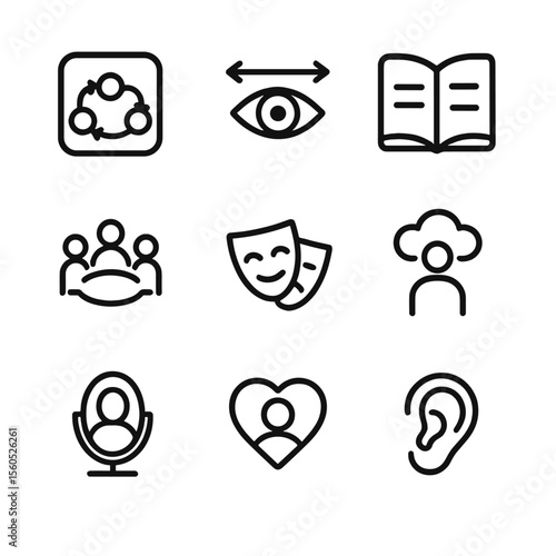 Counseling Icon Set. Outline icon set of counseling approaches: CBT diagram, EMDR eye movement, narrative book, group circle, role