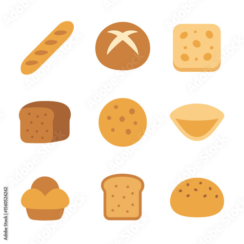 Bread Icon Grid. Flat icon set of bread varieties: baguette, sourdough loaf, ciabatta, rye bread, focaccia, pita pocket, brioche