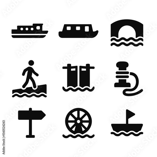 Canal Transport Icons. Solid, filled icon set of canal transportation: barge, narrowboat, canal bridge, towpath, lock gate,