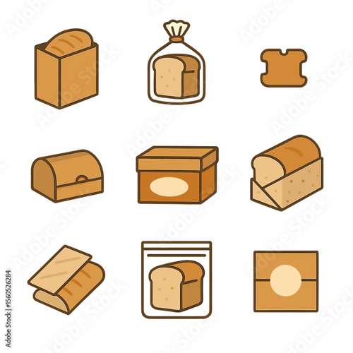 Bread Packaging Icons. Flat icon set of bread packaging: paper bag, plastic loaf bag, twist tie, bread box, branded box, wrapping
