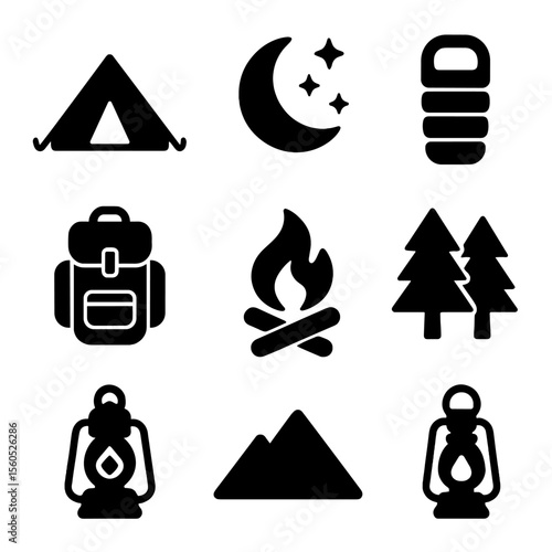 Camping Icons Grid. Solid, filled icon set of camping under the stars: pitched tent, crescent moon, sparkling stars, sleeping bag,