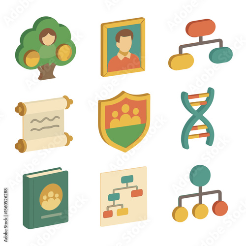 Family Roots Icons. Isometric Flat icon set of genealogical family roots: family tree trunk, ancestor portrait, lineage chart,