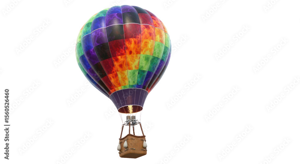 Fototapeta premium Vibrant Multicolored Hot Air Balloon In Flight Over Transparent Background Isolated Transparent Background