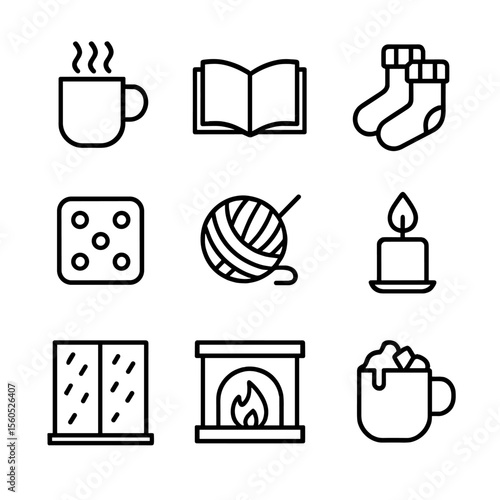 Cozy Rainy Day Icons. Outline icon set of cozy indoor rainy day activities: steaming mug, open book, fuzzy socks, board game die,