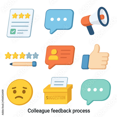 Feedback Icons Grid. Isometric Flat icon set of colleague feedback process: feedback form, star rating, comment box, megaphone,