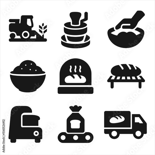 Bread Production Icons. Solid, Filled icon set of bread production stages: grain harvesting, milling stone, dough kneading,