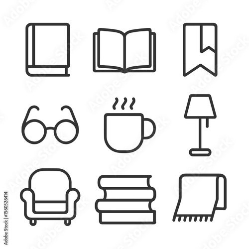 Cozy Reading Icons. Outline icon set of cozy reading rituals: book, open pages, bookmark ribbon, reading glasses, steaming mug,