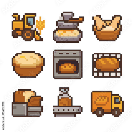 Bread Production Icons. Pixel art icon set of bread production stages: grain harvesting, milling stone, dough kneading, proofing