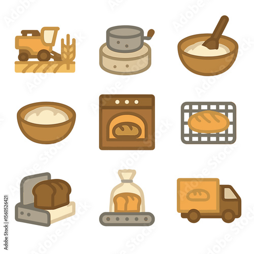 Bread Production Icons. Flat icon set of bread production stages: grain harvesting, milling stone, dough kneading, proofing bowl,