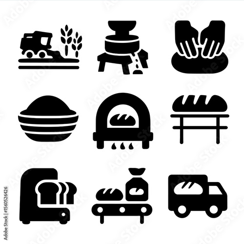 Bread Production Icons. Solid, Filled icon set of bread production stages: grain harvesting, milling stone, dough kneading,