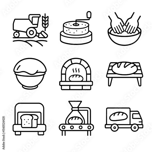 Bread Production Icons. Outline icon set of bread production stages: grain harvesting, milling stone, dough kneading, proofing