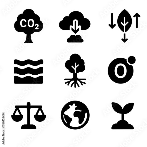 Carbon Capture Icons. Solid, filled icon set of carbon capture and climate benefits: tree with CO2, cloud with arrow, leaf with