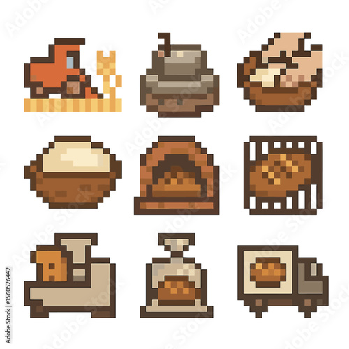 Bread Production Icons. Pixel art icon set of bread production stages: grain harvesting, milling stone, dough kneading, proofing