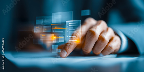 Auditor Examining Floating Financial Records and Interactive Digital Compliance Checklists in Bright Office Space