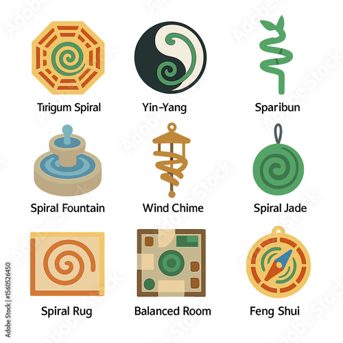 Feng Shui Spirals. Isometric Flat icon set of feng shui spiral balance: bagua map spiral, yin-yang spiral, spiral bamboo plant,