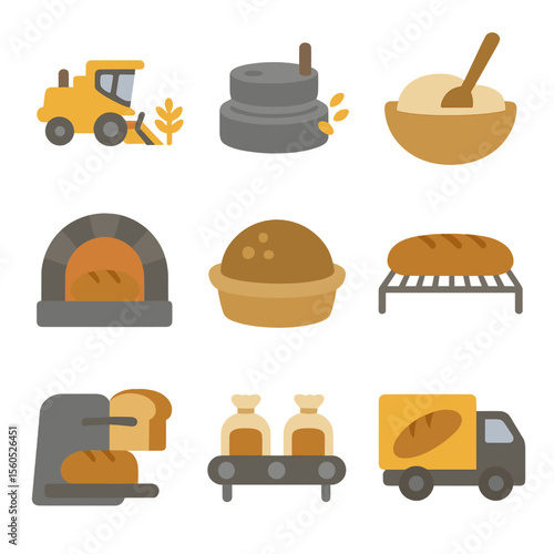 Bread Production Icons. Flat icon set of bread production stages: grain harvesting, milling stone, dough kneading, proofing bowl,