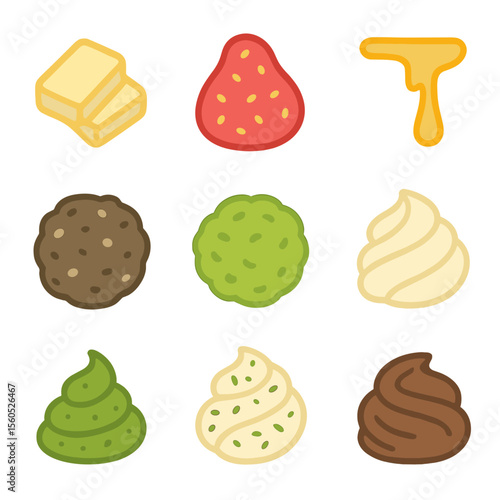 Bread Toppings Icons. Flat icon set of bread toppings and spreads: butter pats, strawberry jam, honey drizzle, olive tapenade,