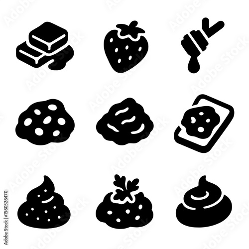 Bread Toppings Icons. Solid, Filled icon set of bread toppings and spreads: butter pats, strawberry jam, honey drizzle, olive