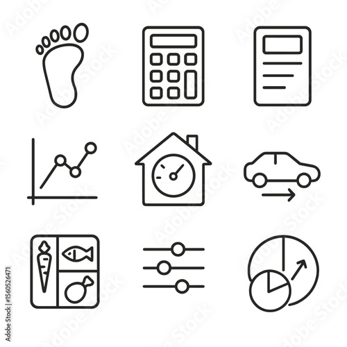 Carbon Footprint Icon Set. Outline icon set of Carbon Footprint Calculators: footprint icon, calculator device, data input form,