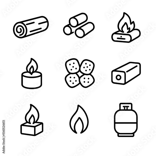 Fireplace Fuel Icons. Outline icon set of fireplace fuels: firewood log, wood pellet, gas log, ethanol gel, charcoal briquette,