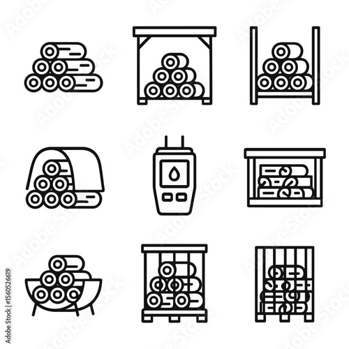 Firewood Stacking Icons. Outline icon set of firewood stacking elements: wood pile, wood shed, stacking rack, pallet, tarp cover,