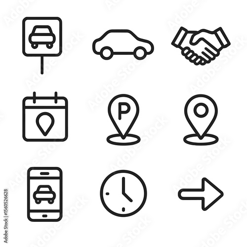 Carpool Icons Grid. Outline icon set of carpool meeting points: pickup zone sign, shared car silhouette, people handshake,