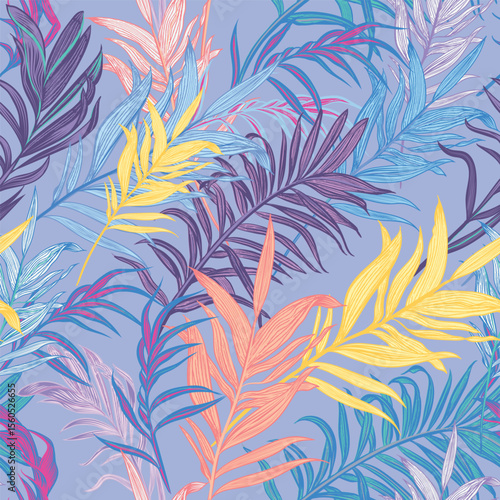 Summer vector tropical seamless pattern with colorful palm leaves