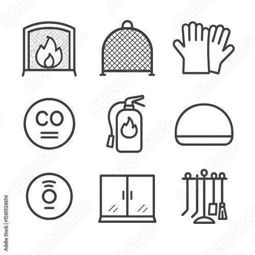 Fireplace Safety Icons. Outline icon set of fireplace safety features: fire screen, spark guard, fireproof gloves, carbon monoxide