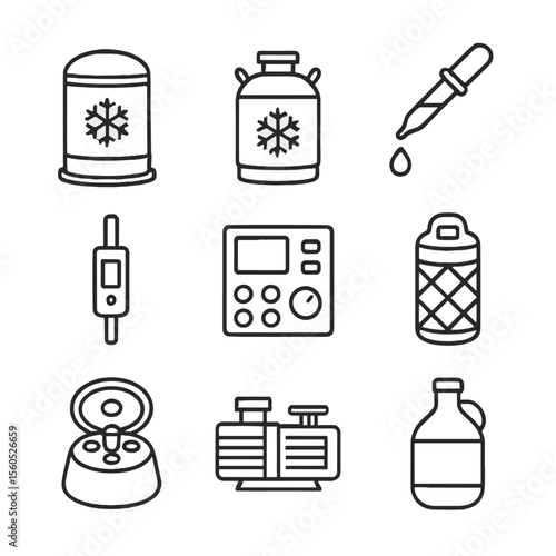 Cryogenic Equipment Icons. Outline icon set of cryogenic preservation equipment: cryostat chamber, liquid nitrogen tank, transfer