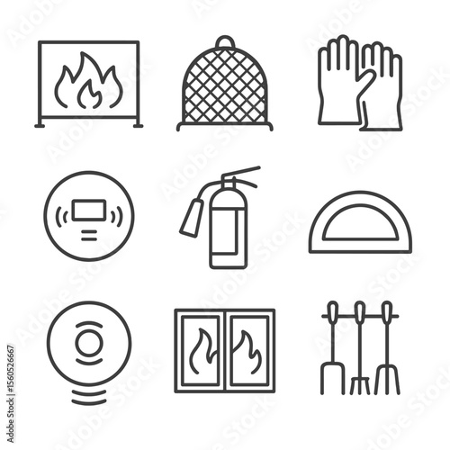 Fireplace Safety Icons. Outline icon set of fireplace safety features: fire screen, spark guard, fireproof gloves, carbon monoxide