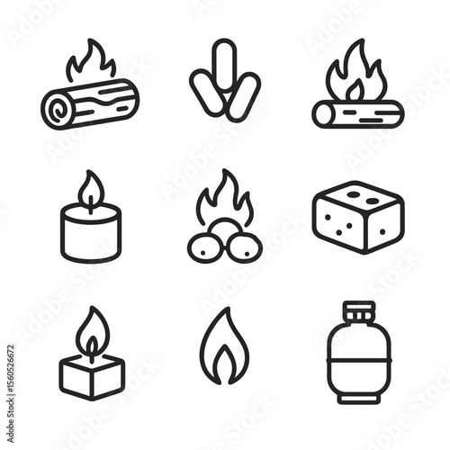 Fireplace Fuel Icons. Outline icon set of fireplace fuels: firewood log, wood pellet, gas log, ethanol gel, charcoal briquette,