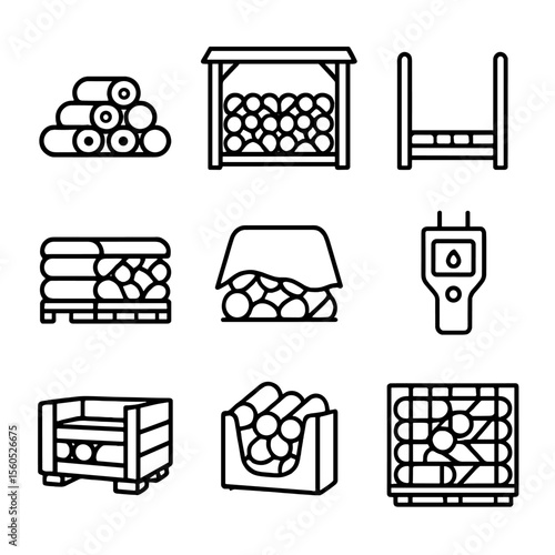 Firewood Stacking Icons. Outline icon set of firewood stacking elements: wood pile, wood shed, stacking rack, pallet, tarp cover,