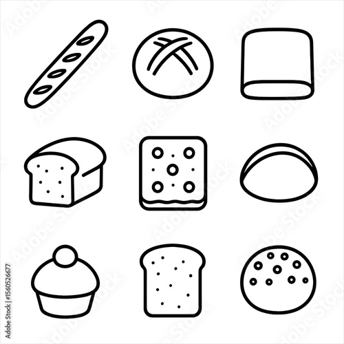 Bread Icon Set. Outline icon set of bread varieties: baguette, sourdough loaf, ciabatta, rye bread, focaccia, pita pocket, brioche