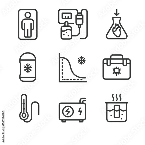 Cryonics Process Icons. Outline icon set of cryonics process steps: patient packaging, perfusion pump, organ flush, sealing