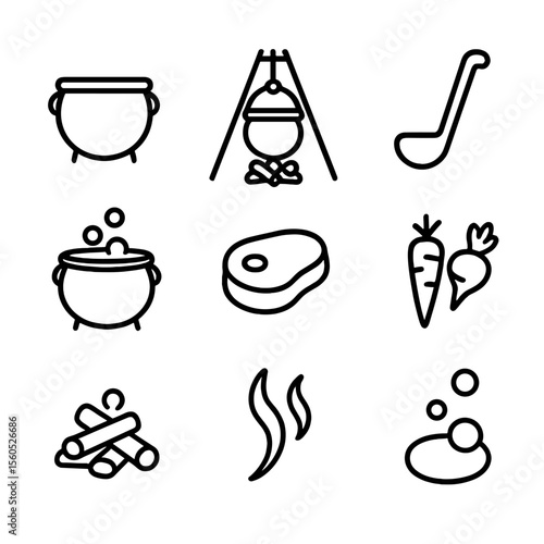 Cauldron Icon Set. Outline icon set of cauldron and slow stewing: cast iron cauldron, hanging tripod, wooden ladle, bubbling stew,