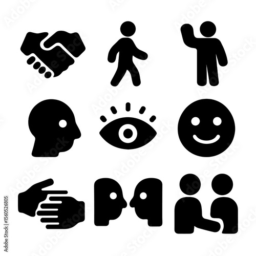Brief Encounter Icons. Solid, filled icon set of brief encounters: handshake, passing figure, waving hand, turning head, fast