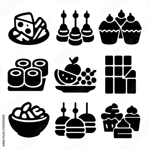Celebration Food Icons. Solid, filled icon set of celebration food: cheese platter, canapes, cupcakes, sushi rolls, fruit tray,