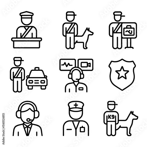 Customs Personnel Icons. Outline icon set of customs personnel roles: customs officer, canine handler, x-ray technician, mobile