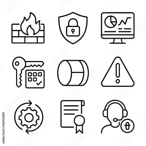 Cybersecurity Icons Set. Outline icon set of Cybersecurity and compliance overhaul: firewall wall, shield lock, SIEM dashboard,