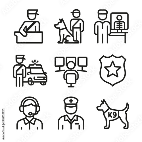 Customs Personnel Icons. Outline icon set of customs personnel roles: customs officer, canine handler, x-ray technician, mobile