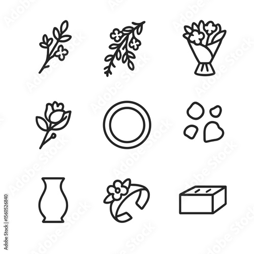 Floral Element Icons. Outline icon set of Floral Arrangement Elements: single petal spray, cascading garland, bouquet wrap,