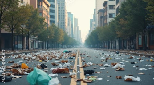 Fototapeta Naklejka Na Ścianę i Meble -  Trash and debris blowing across empty urban street, strong wind, scattered litter on pavement, city buildings in background, concept of pollution and neglect.

