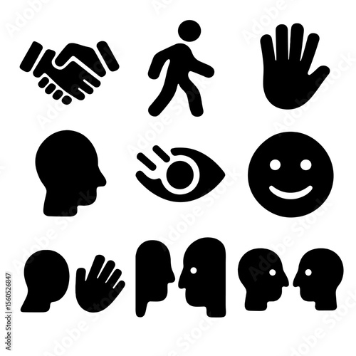 Brief Encounter Icons. Solid, filled icon set of brief encounters: handshake, passing figure, waving hand, turning head, fast