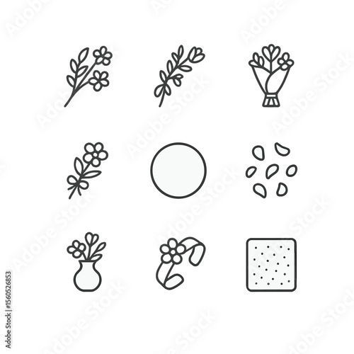 Floral Element Icons. Outline icon set of Floral Arrangement Elements: single petal spray, cascading garland, bouquet wrap,