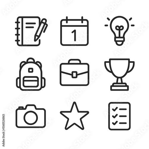 Daily Highlights Icons. Outline icon set of sharing daily highlights: notebook with pen, calendar page, lightbulb moment, school