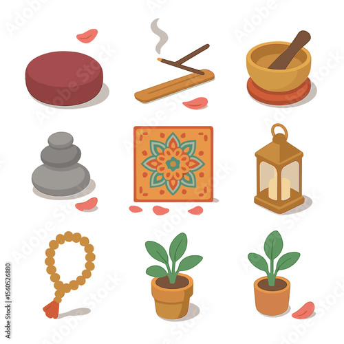 Floral Meditation Icons. Isometric Flat icon set of floral meditation space with falling petals: meditation cushion, incense stick