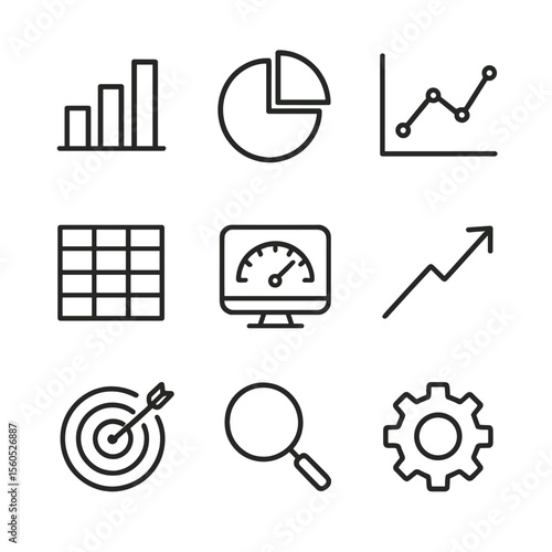 Dashboard Analytics Icons. Outline icon set of dashboard analytics: bar chart, pie chart, line graph, data table, KPI widget,