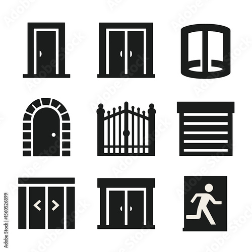 Building Entrance Icons. Solid, filled icon set of building entrances: front door, glass doors, revolving door, arched gate, iron