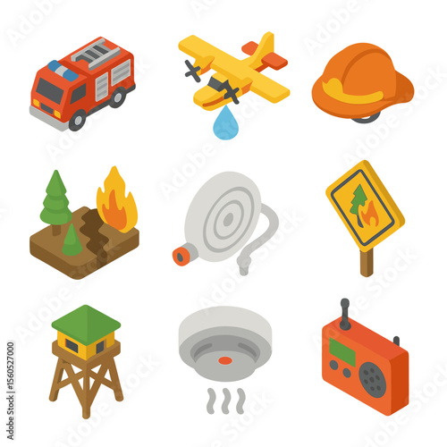 Forest Fire Management Icons. Isometric Flat icon set of forest fire management: fire truck, water drop plane, firebreak trench,