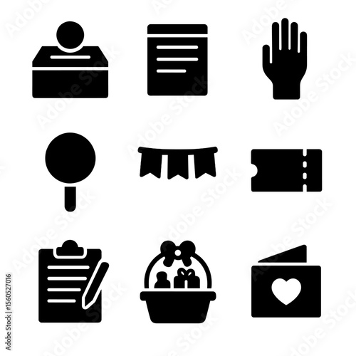 Charity Event Icons. Solid, filled icon set of charity fundraiser event: donation box, pledge form, volunteer hand, auction paddle